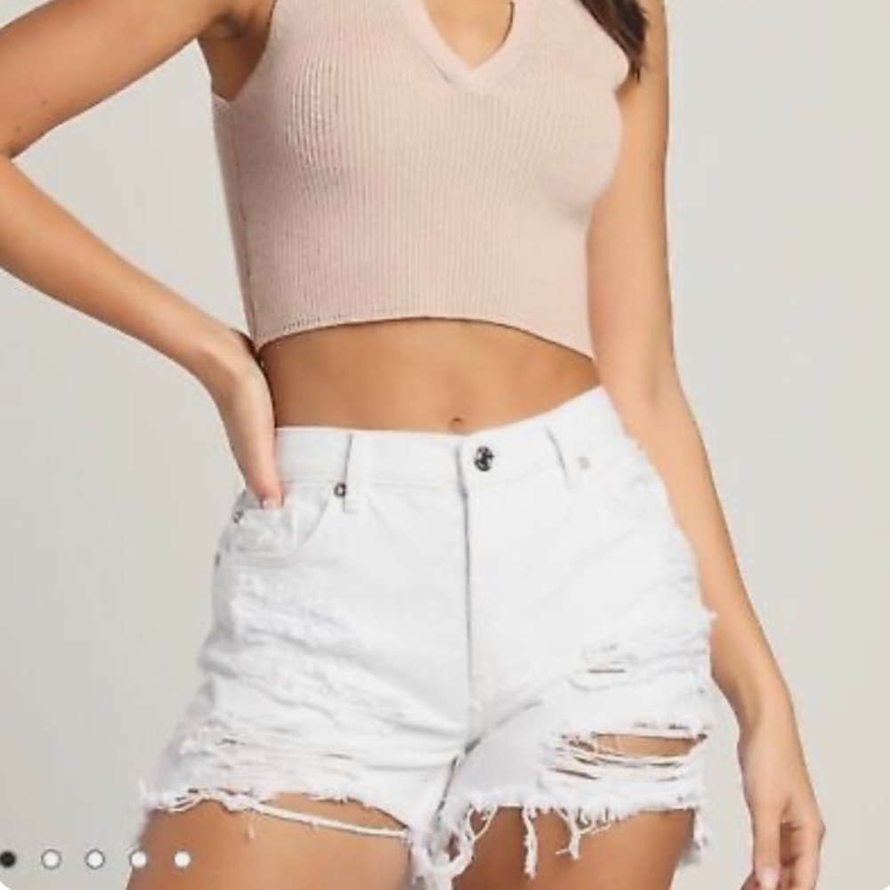 Free People We The Free Maggie Mid-Rise White Distressed Shorts